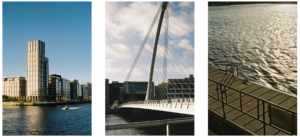 collage of images of boats, buildings and water