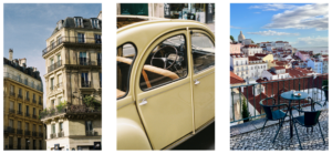 photo collage of a car, a patio, and buildings