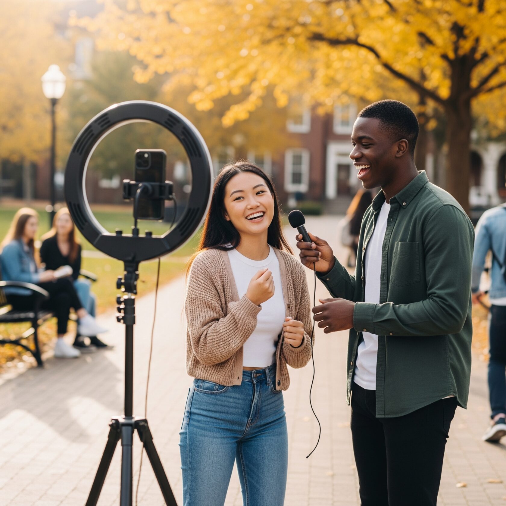 two college students filming content on campus