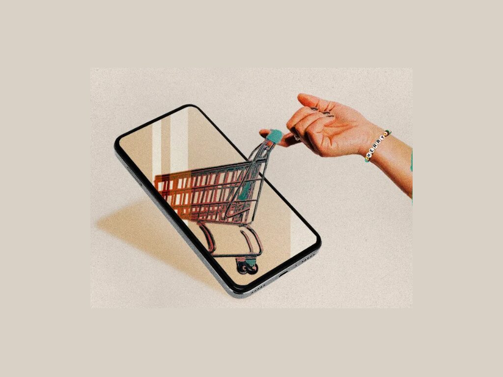 hand pulling shopping cart out of phone