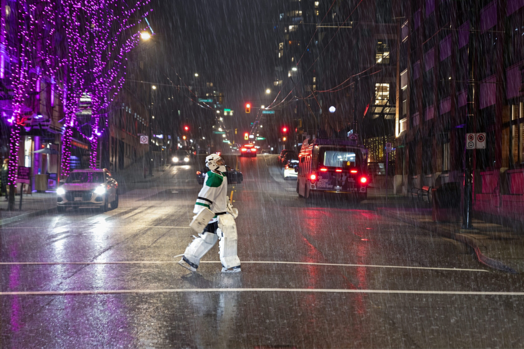 hockey player crossing the street